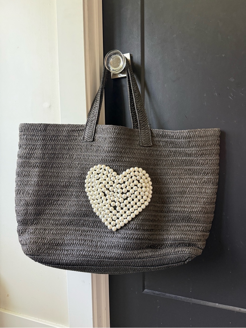 Btb Los Angeles Woven Tote with Pearl Heart Accent